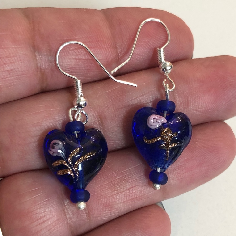 Cobalt blue glass heart dangle earrings